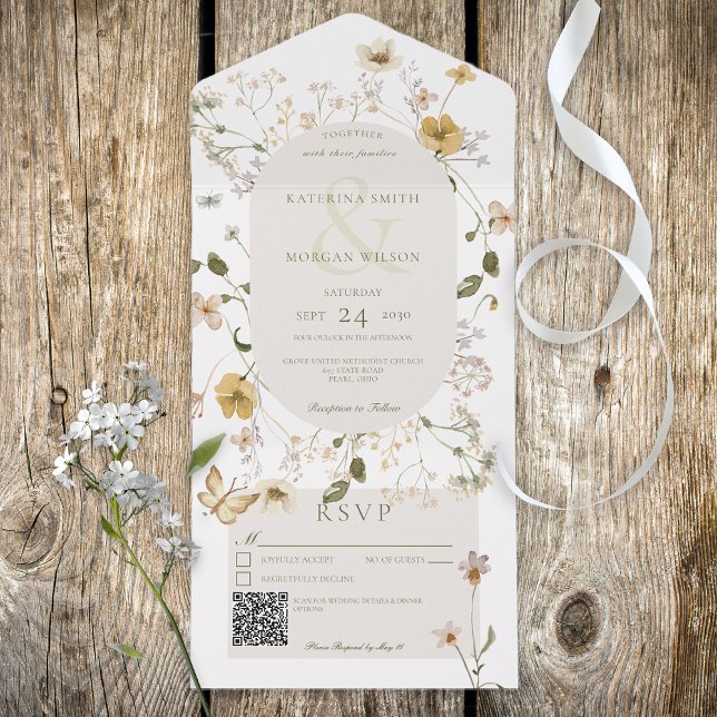 Invitation Tout En Un Code QR blanc du cadre Fleur sauvage rustique (Also available without a QR code; with or without dinner selection options.)