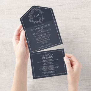Invitation Tout En Un Code QR Blason Feuillu Bleu Marine Monogramme Mari