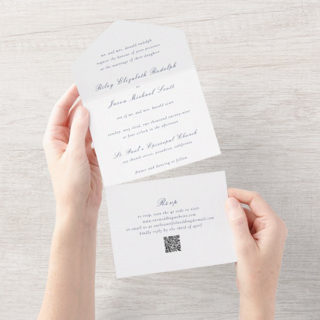 Invitation Tout En Un Code QR Bleu Marine Élégant Mariage Propre (Déchirure)