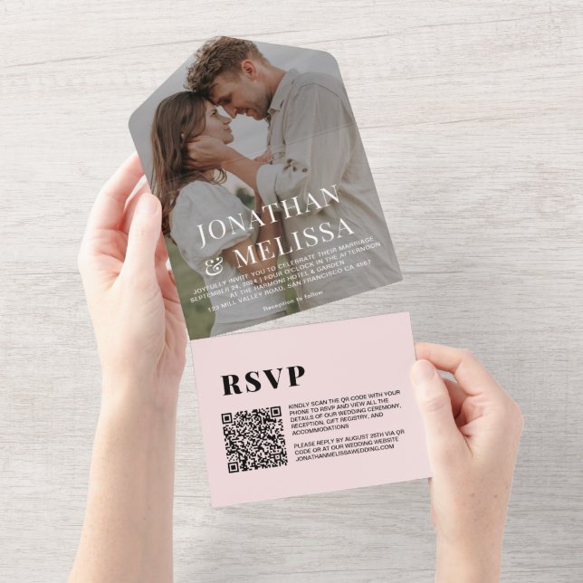 Invitation Tout En Un Code QR | Blush Pink Simple Overlay Mariage photo (Déchirure)