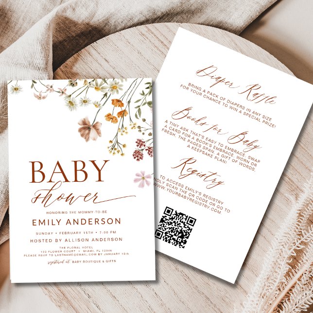 Invitation Tout en un code QR Boho Fleur sauvage Baby shower (Créateur téléchargé)