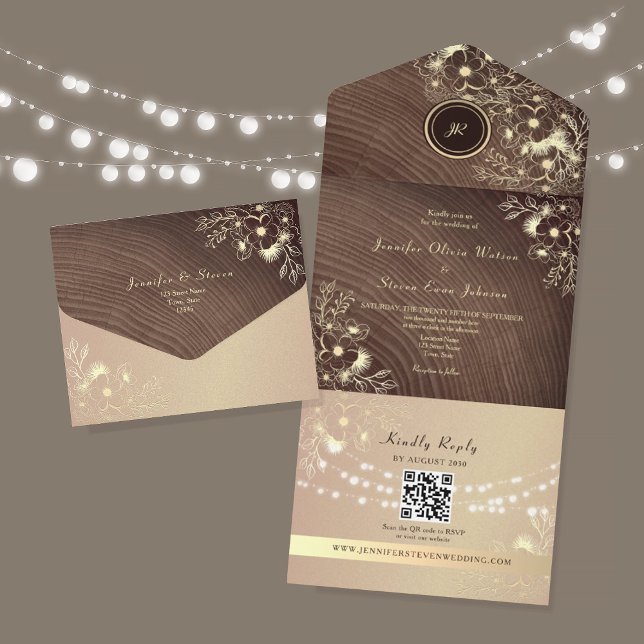 Invitation Tout En Un Code QR Bois Rustique Rose Doré Mariage (Créateur téléchargé)