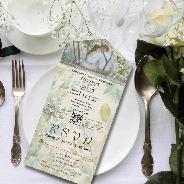 Invitation Tout En Un Code QR botanique Eucalyptus vert crème (Créateur téléchargé)