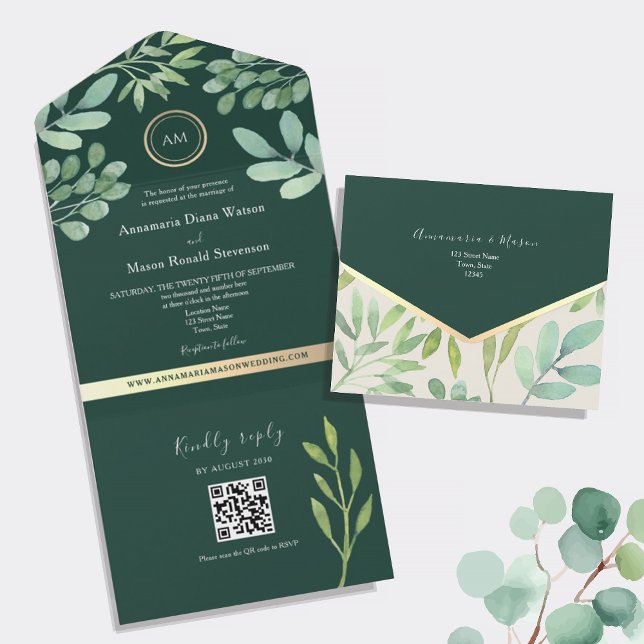 Invitation Tout En Un Code QR Botanique Vert Émeraude Mariage (Créateur téléchargé)