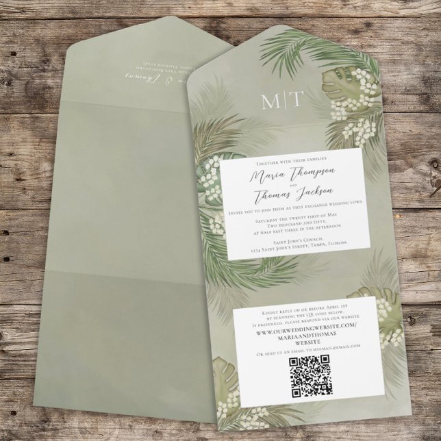 Invitation Tout En Un Code QR budgétaire tropical à l'aquarelle du feuil (Créateur téléchargé)