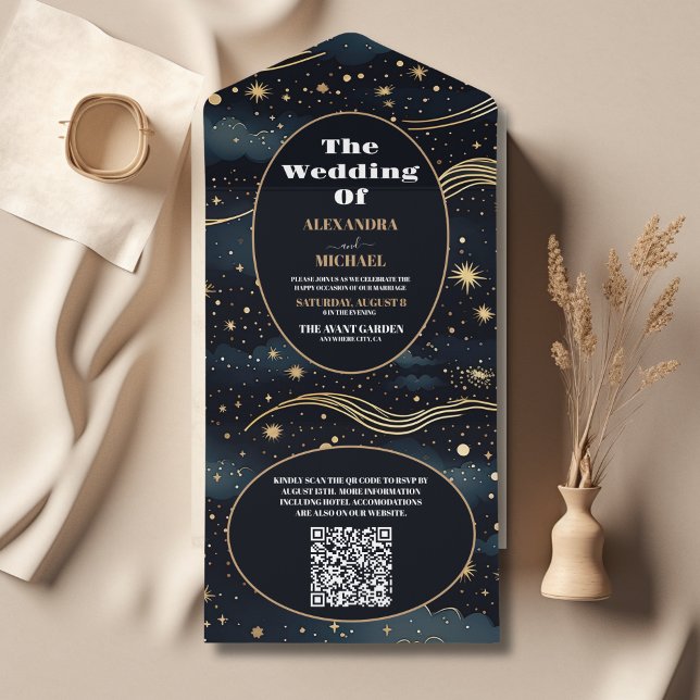 Invitation Tout En Un Code QR Céleste Nuit Bleue Étoiles Lune Mariage (Créateur téléchargé)