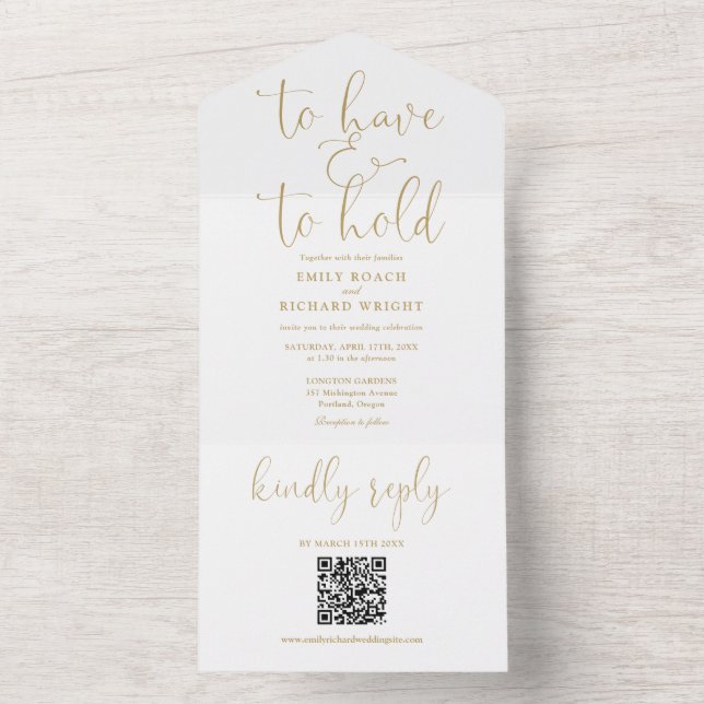 Invitation Tout En Un Code QR Chic Or Pour Avoir Et Conserver Mariage (À l'intérieur)