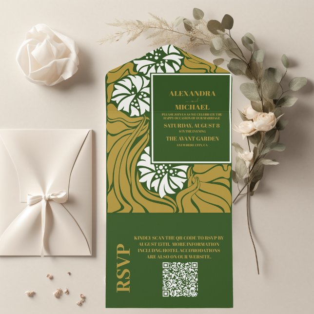Invitation Tout En Un Code QR Classique Vert Art Nouveau Mariage (Créateur téléchargé)