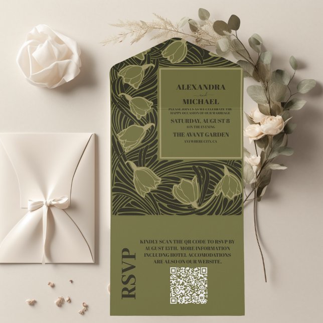 Invitation Tout En Un Code QR Classique Vert Art Nouveau Mariage (Créateur téléchargé)