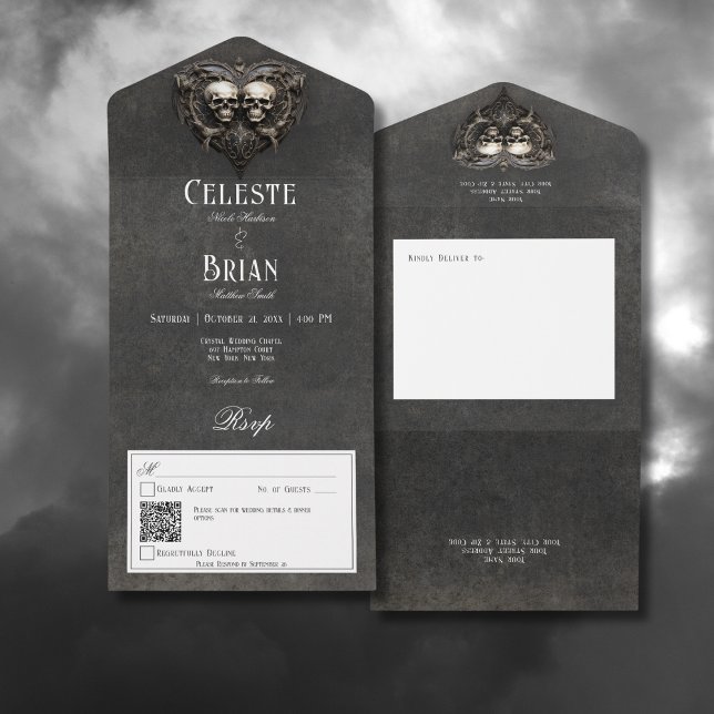 Invitation Tout En Un Code QR crânes et cœur noir et blanc gothique (Gothic Black & White Skulls & Heart All In One Wedding Invitation with QR Code)