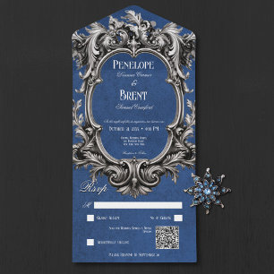 Invitation Tout En Un Code QR de cadre victorien Moody Bleu Gothique