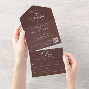 Invitation Tout En Un Code QR de calligraphie marron ivoire classique po