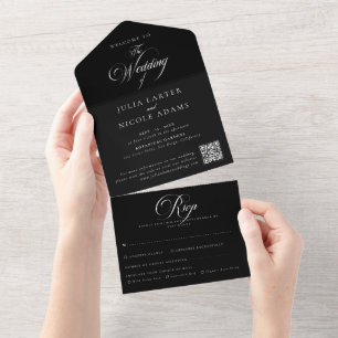 Invitation Tout En Un Code QR de calligraphie noir ivoire classique pour