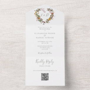 Invitation Tout En Un Code QR de cœur floral rustique vert sauge pour ma