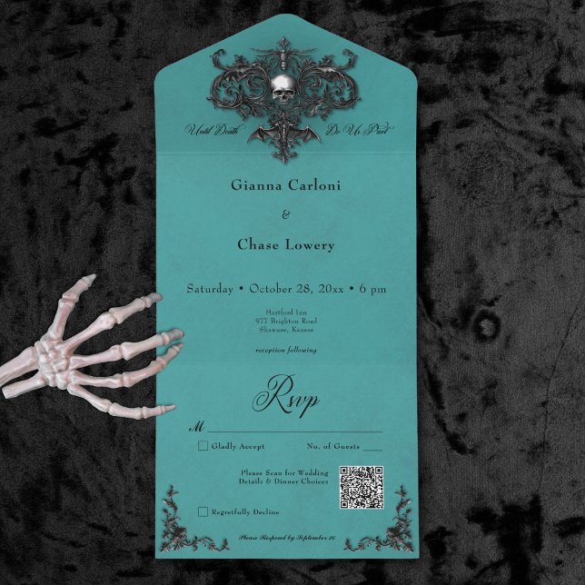 Invitation Tout En Un Code QR de filigree d'Halloween noir et Turquoise  (Gothic Black & Teal Halloween Filigree QR Code All In One Invitation)
