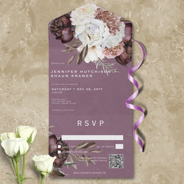 Invitation Tout En Un Code QR de la Bourgogne et des Blancs modernes et  (Modern Burgundy & White Peonies & Roses QR Code All In One Invitation)