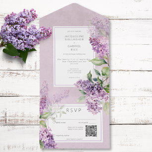 Invitation Tout En Un Code QR de la lavande violette et sauge romantique