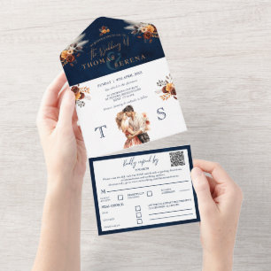 Invitation Tout En Un Code QR de la Marine bleu rouille tout-en-un Pampa