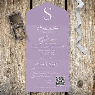 Invitation Tout En Un Code QR de Lavande violette de monogramme moderne