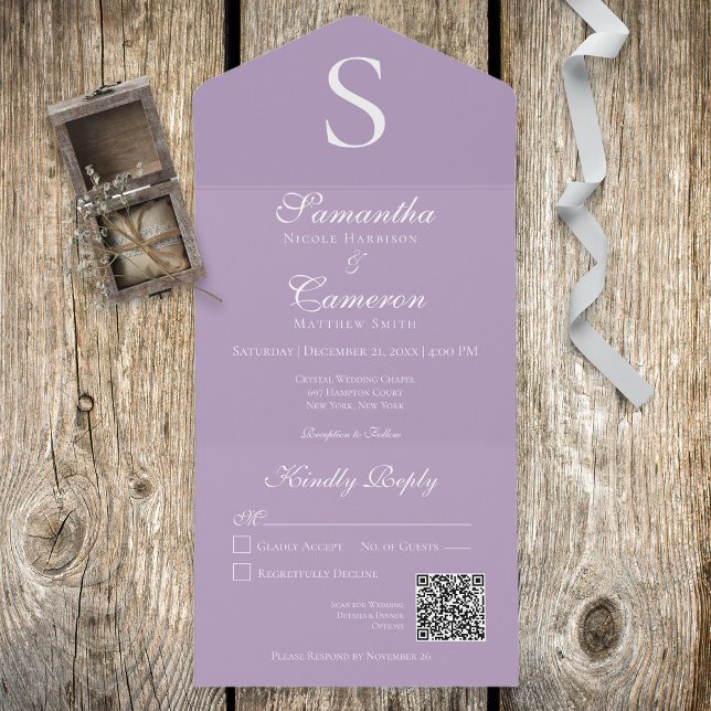 Invitation Tout En Un Code QR de Lavande violette de monogramme moderne (Créateur téléchargé)