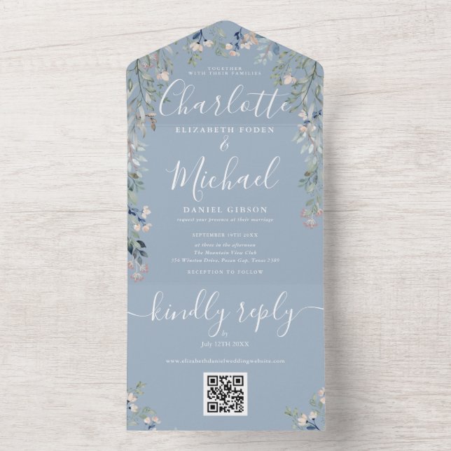 Invitation Tout En Un Code QR de l'écriture florale mariage bleu poussié (À l'intérieur)