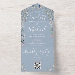Invitation Tout En Un Code QR de l'écriture florale mariage bleu poussié