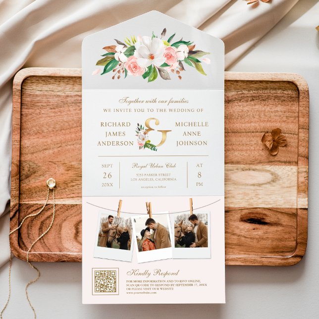 Invitation Tout En Un Code QR de mariage à fleurs rose blush et esperlue (Créateur téléchargé)