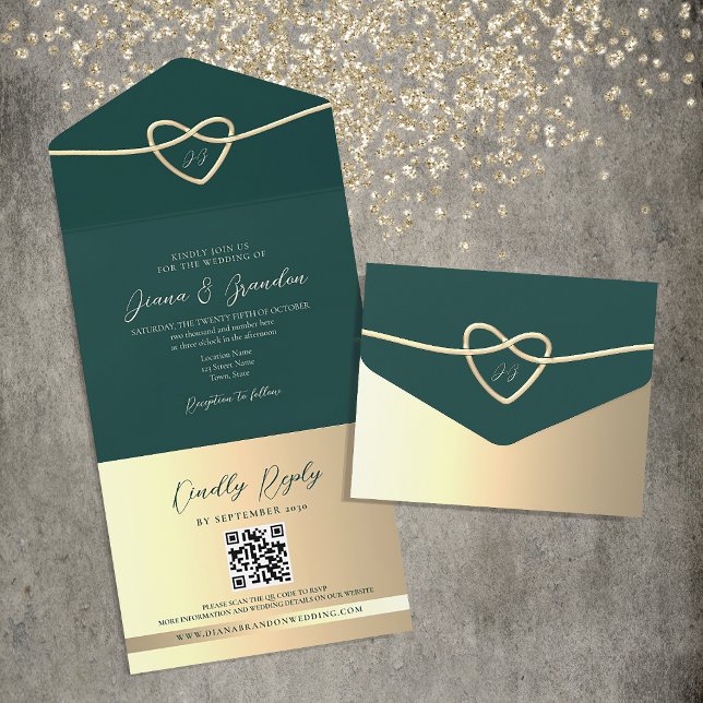 Invitation Tout En Un Code QR de mariage à monogramme vert émeraude (Créateur téléchargé)