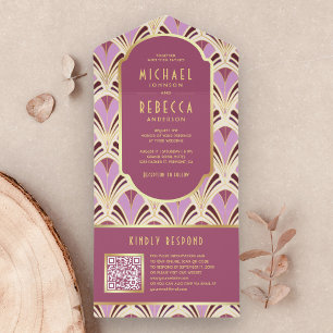 Invitation Tout En Un Code QR de mariage à motif Art déco rose or rétro