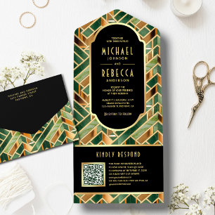 Invitation Tout En Un Code QR de mariage Art Déco Marbre Vert Rétro Or