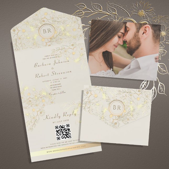 Invitation Tout En Un Code QR de mariage au monogramme doré (Créateur téléchargé)