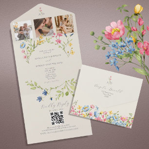 Invitation Tout En Un Code QR de mariage aux fleurs sauvages