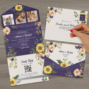 Invitation Tout En Un Code QR de mariage avec photo de tournesol