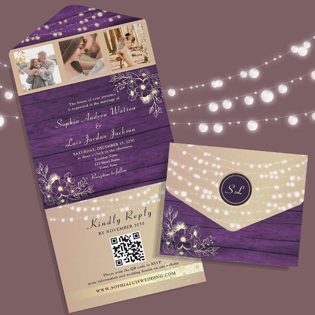 Invitation Tout En Un Code QR de mariage avec photos violet rustique (Créateur téléchargé)
