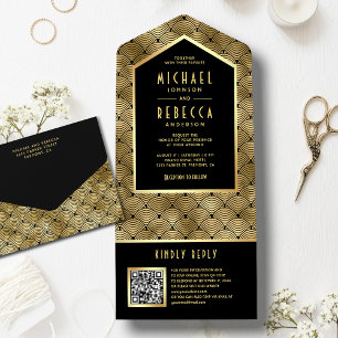 Invitation Tout En Un Code QR de mariage Black Gold Art Déco motif Vague