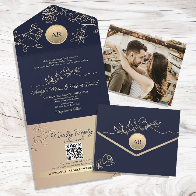 Invitation Tout En Un Code QR de mariage bleu marine (Créateur téléchargé)