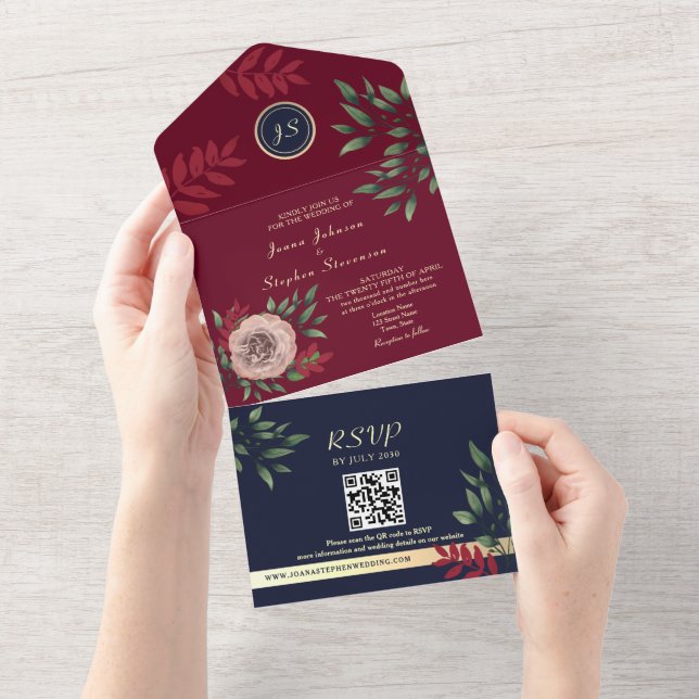 Invitation Tout En Un Code QR de mariage bleu marine et bordeaux (Déchirure)