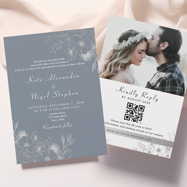 Invitation Tout en Un Code QR de Mariage Bleu Poussiéreux (Créateur téléchargé)
