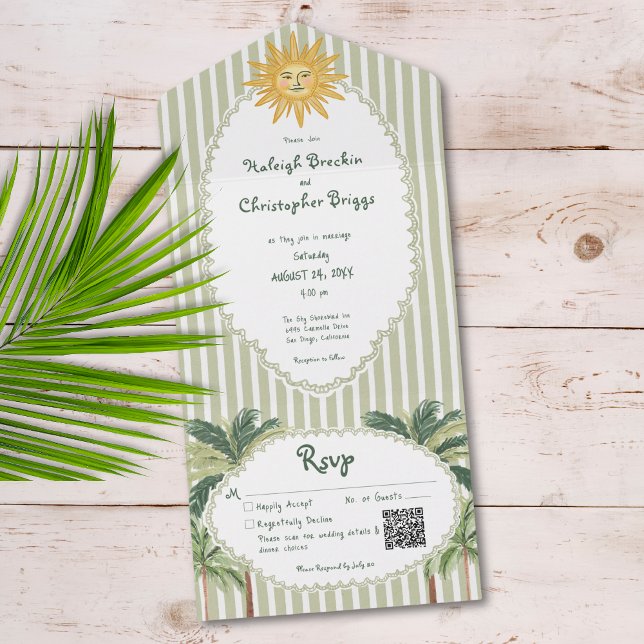 Invitation Tout En Un Code QR de mariage chic côtier au palmier solaire (Créateur téléchargé)