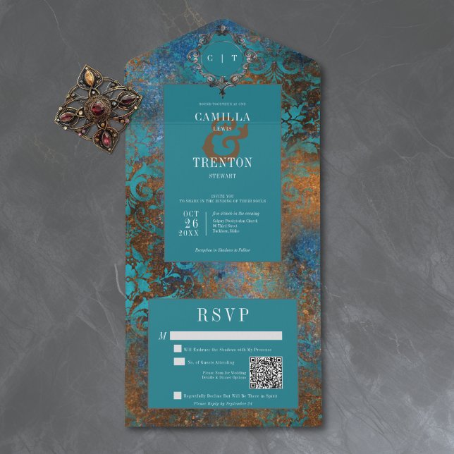Invitation Tout En Un Code QR de mariage damassé sarcelle doré gothique  (Créateur téléchargé)