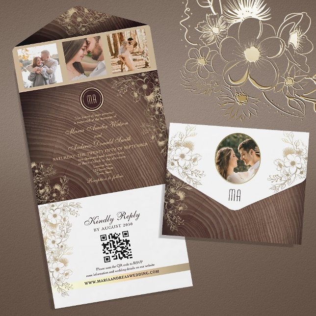 Invitation Tout En Un Code QR de mariage de grange en bois rustique (Créateur téléchargé)