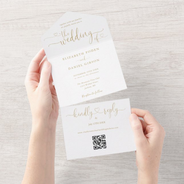 Invitation Tout En Un Code QR de mariage élégant à l'écriture Gold Heart (Déchirure)