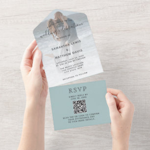 Invitation Tout En Un Code QR de mariage élégant sur la plage de verre d