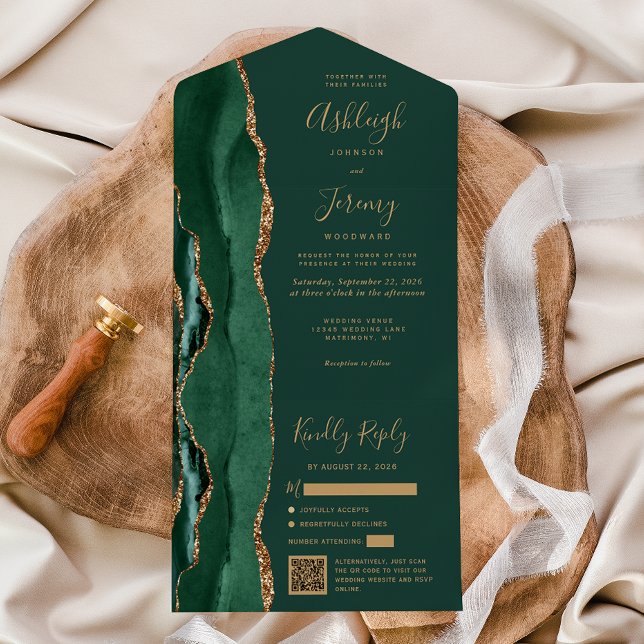 Invitation Tout En Un Code QR de mariage en or Agate Vert Emeraude (Créateur téléchargé)