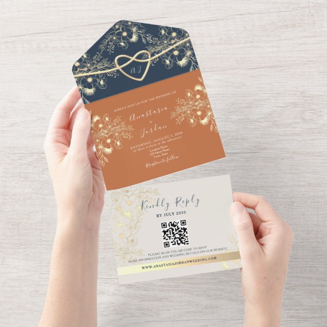 Invitation Tout En Un Code QR de mariage en terre cuite (Déchirure)