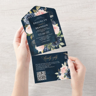 Invitation Tout En Un Code QR de Mariage Floral bleu Dusty rose
