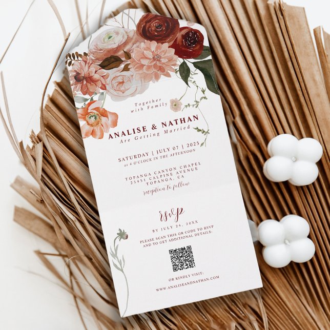 Invitation Tout En Un Code QR de mariage floral boho Bourgogne (Créateur téléchargé)