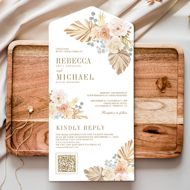 Invitation Tout En Un Code QR de mariage floral terreux poussiéreux Boho (Créateur téléchargé)