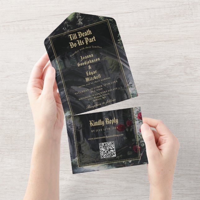 Invitation Tout En Un Code QR de mariage gothique ruines jusqu'à la mort (Déchirure)