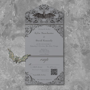 Invitation Tout En Un Code QR de mariage gris noir chauve-souris victori
